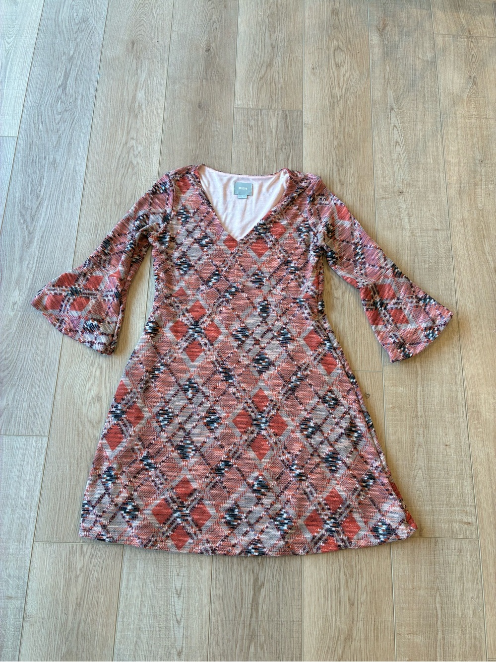Maeve Fit/Flare Pink Tones Patterned V‑Neck Bell 3/4 Sleeve Dress small unique